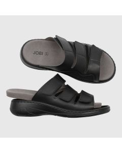 Komfortsandal med uttagbar innersula. Svart skinn. 8 mm dämpningssula. 