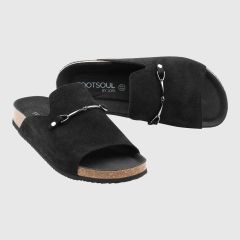 Sommarsandal från Footsoul. Svart mockaskinn med silverlänk. 