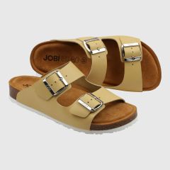 Sandal med två remmar och vit sula i färg gul. Korkfotbädd.