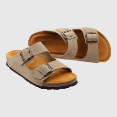 Sandal REKO Eko-mocka i beige. Korkfotbädd. SoftSole 8.0