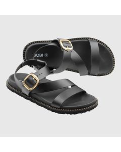 Sommarsandal fr&aring;n Footsoul. Svart skinn med metallsp&auml;nne.