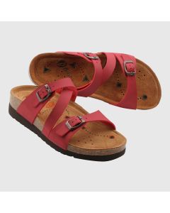 Varmröd fotbäddssandal med magneter och korksula.