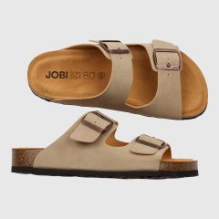 Beige sandal med två remmar och mörkbrun sula. Korkfotbädd.