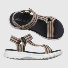 Sandal med multifärgade textilremmar på vit sula. Softsole 8.0 dämpningssula.