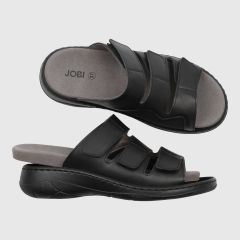 Komfortsandal med uttagbar innersula. Svart skinn. 8 mm dämpningssula. 