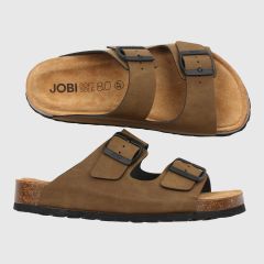 Sandal med två remmar och svart sula i färg kastanj. Korkfotbädd.