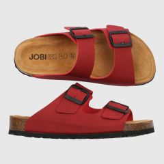Sandal med två remmar och svart sula i nya färgen varmröd. 