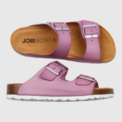 Sandal med två remmar och vit sula i färg lavendel. Korkfotbädd.