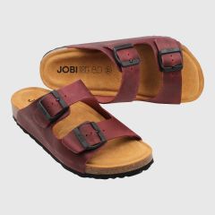 Sandal med två remmar och svart sula i färg rubin. Korkfotbädd softsole 8.0