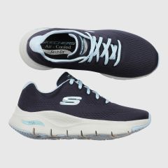 Stadig marinblå Skechers sneakers Sunny Outlook, vitt Skecher-S och vit Arch Fit sula.