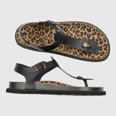 Svarta flip flops med korksula och leopardmönstrad komfortinnersula. Nitar längs utsidan.