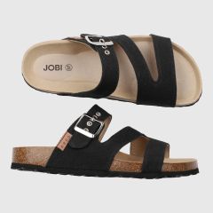 Blå Jobi-sandal i eko bomullscanvas på korkfotbädd.
