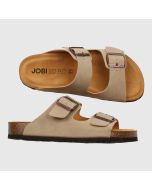 Beige sandal med två remmar och mörkbrun sula. Korkfotbädd.
