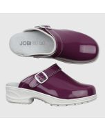 Clogs lila mjuktofflor lackat skinn. Grå Softsole 8.0 komfortsula. Vit halksäker sula.