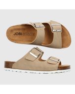 Beige sandal med två remmar och vit sula. Korkfotbädd.
