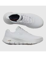 Stadiga vita sneakers Skechers Sunny Outlook, vitt Skecher-S och vit Arch Fit sula.