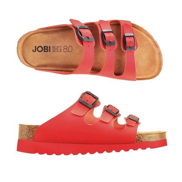 Härligt röd sandal med kil som avlastar vid hälsporre.