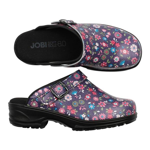 Söt småblommig mjuktoffel JOBI Softsole 8.0 - skön arbetssko inom vård och omsorg. Svart sula.