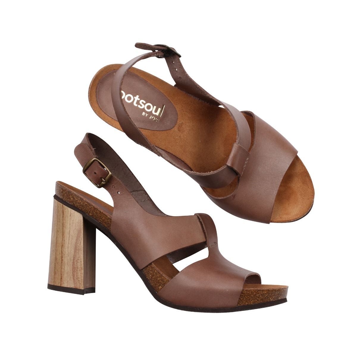 Brun bekväm skinnsandalett med 10 cm hög klossklack. Korken ger svikt i sulan.