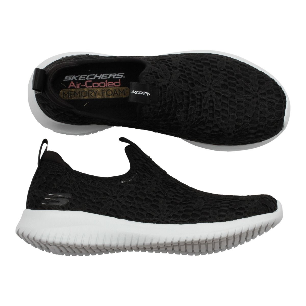 Svarta sneakers i blommigt spetsmönster. Skechers Ultra Flex Fast Breeze med Memory Foam.