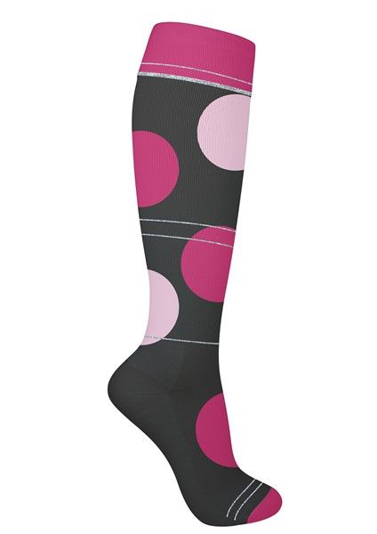 Stödstrumpor med stora rosa prickar och silvriga streck. Medium kompression.