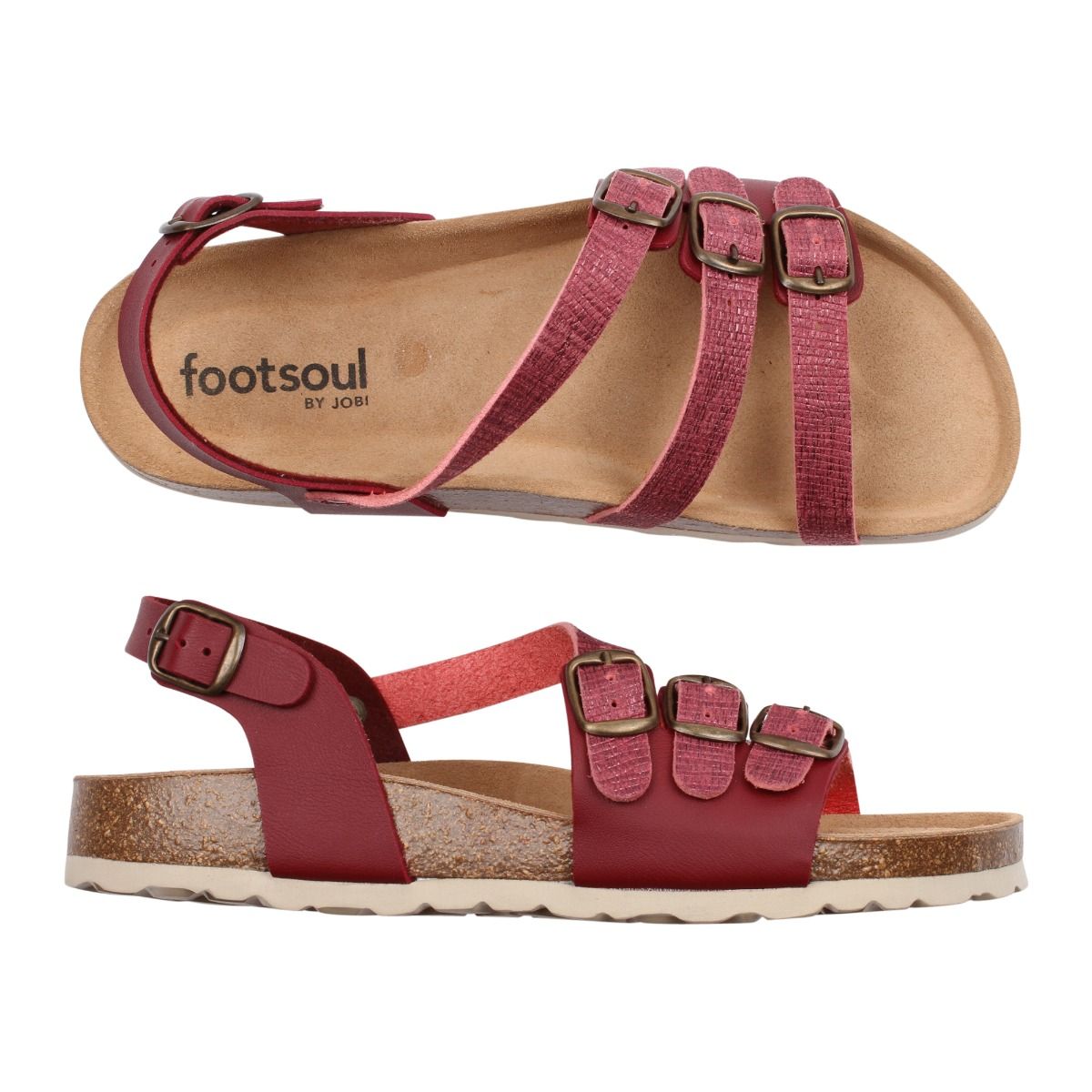Vinröd sandal på skön korkfotbädd a la Birkenstock.